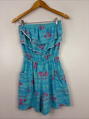 Vintage Romper Womens Medium Blue Pink Palm Tree Play Suit Sun Suit Retro 80s